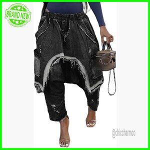 Wide Leg Harem Jeans Elastic Waist Cropped Patchwork Ripped Denim Pants